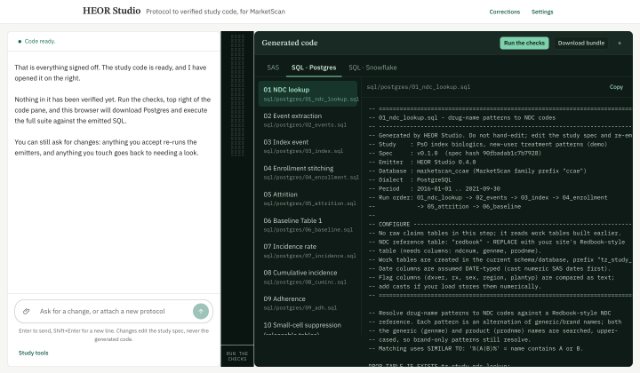 HEOR Studio after loading its demo study: the generated code pane, with tabs for the SAS and the SQL it wrote and the study’s files listed in order.